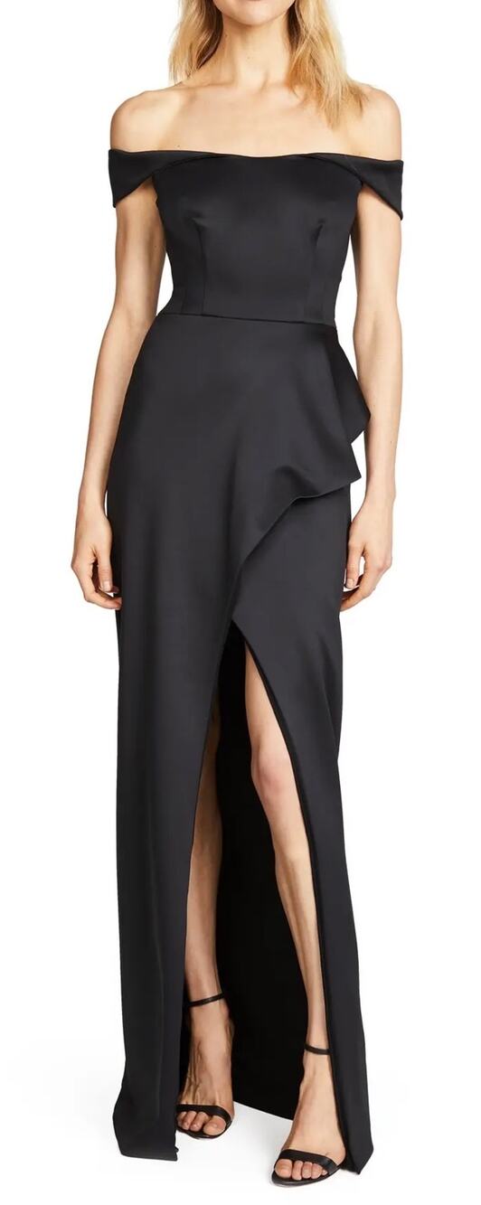 Black Halo Evening Gown Padma Black Neoprene Off Shoulder Full Length size 10